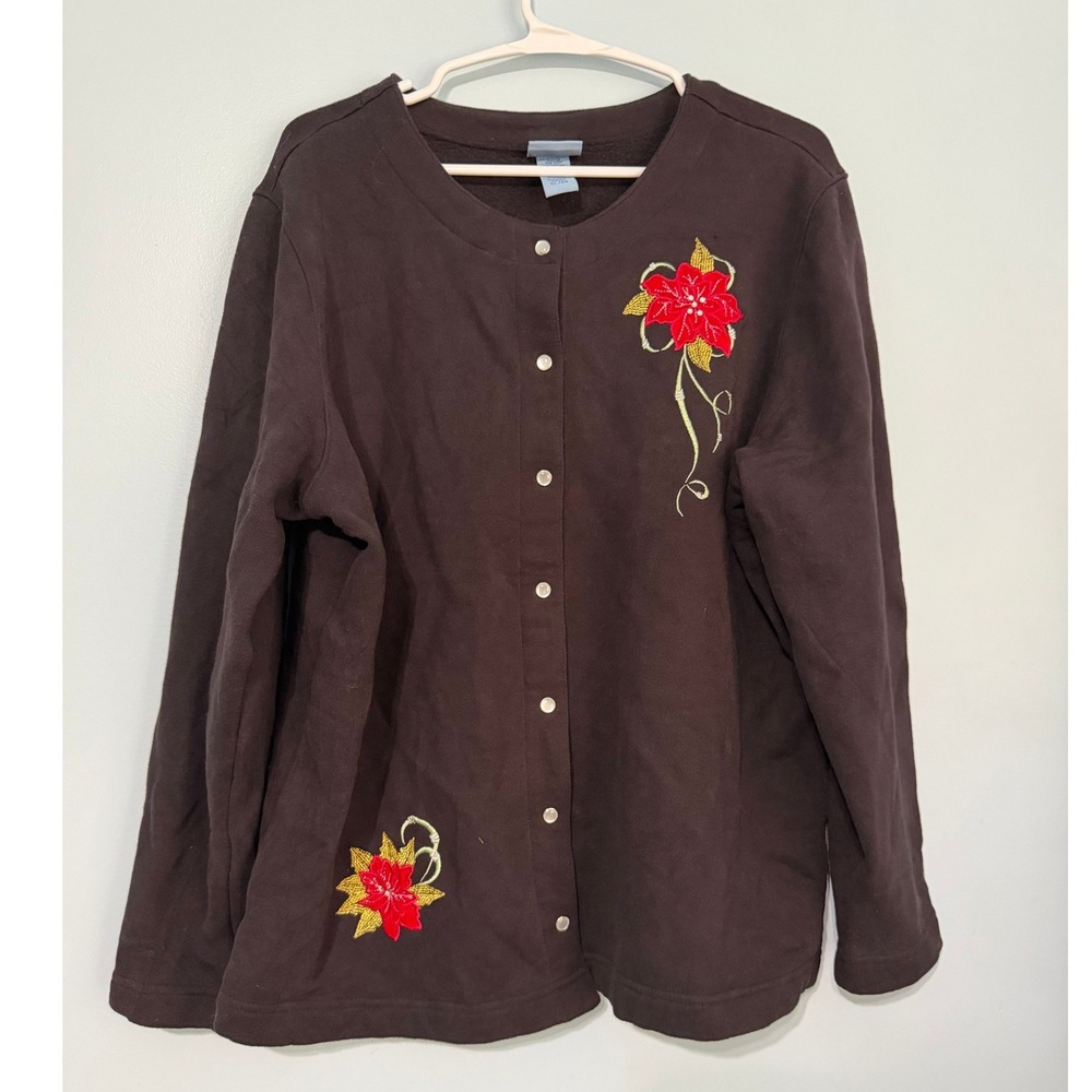 Classic Elements XL Brown Fleece Cardigan Embroidered Poinsettia Floral Holiday